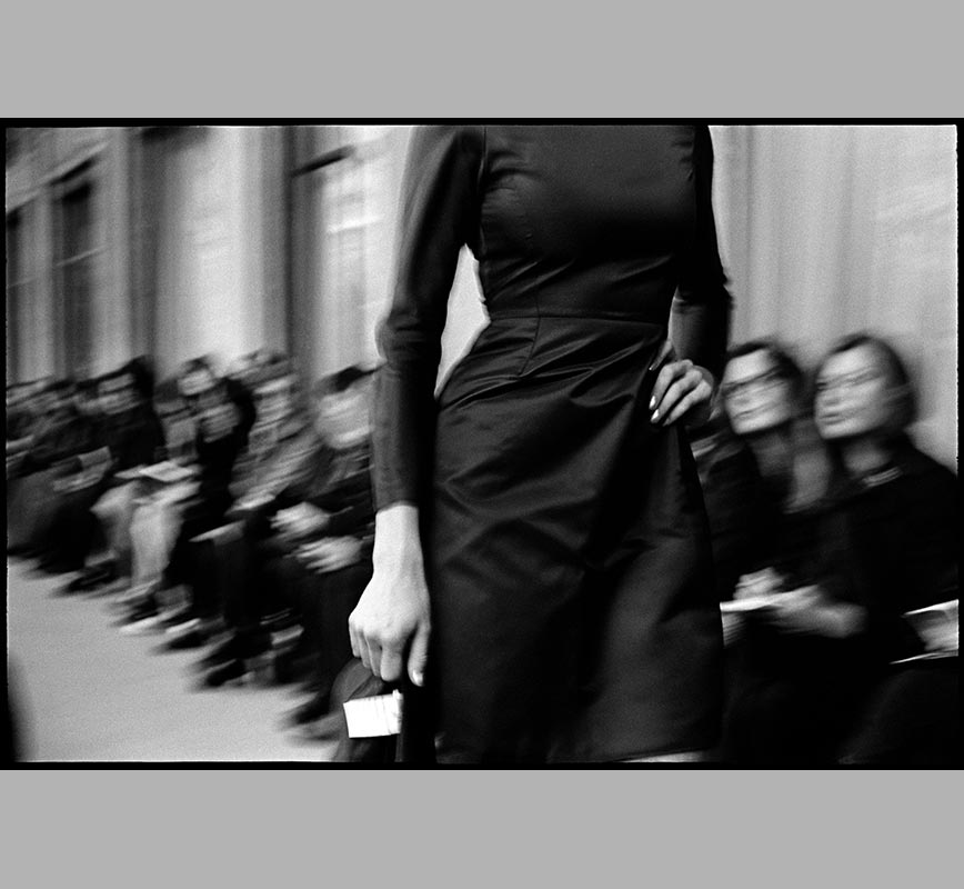 Black and white photograph of fashion show by French fashion designer Jerome L Huillier. Title: Jerome L Huillier - Noir