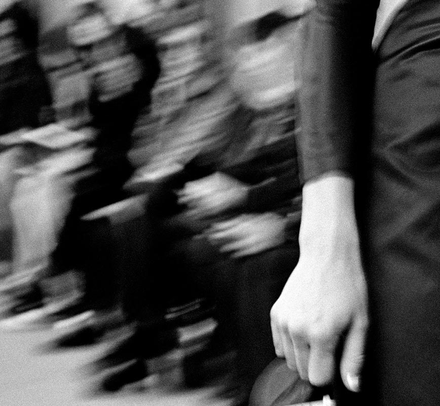 Detail of Black and white photograph of fashion show by French fashion designer Jerome L Huillier. Title: Jerome L Huillier - Noir
