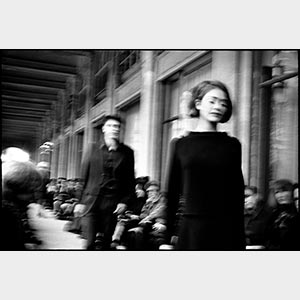 Black and white photograph of fashion show by French fashion designer Jerome L Huillier. Title: Jerome L Huillier - Palais Royal