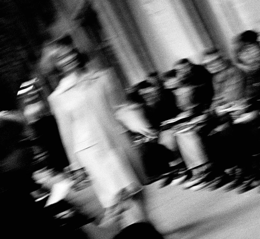 Detail of Black and white photograph of fashion show by French fashion designer Jerome L Huillier. Title: Jerome L Huillier - Palais Royal