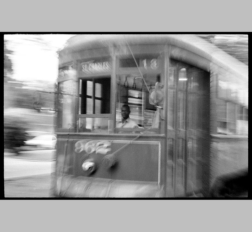 Black and white photograph of New Orleans' street car. Title: 1999 - New Orleans