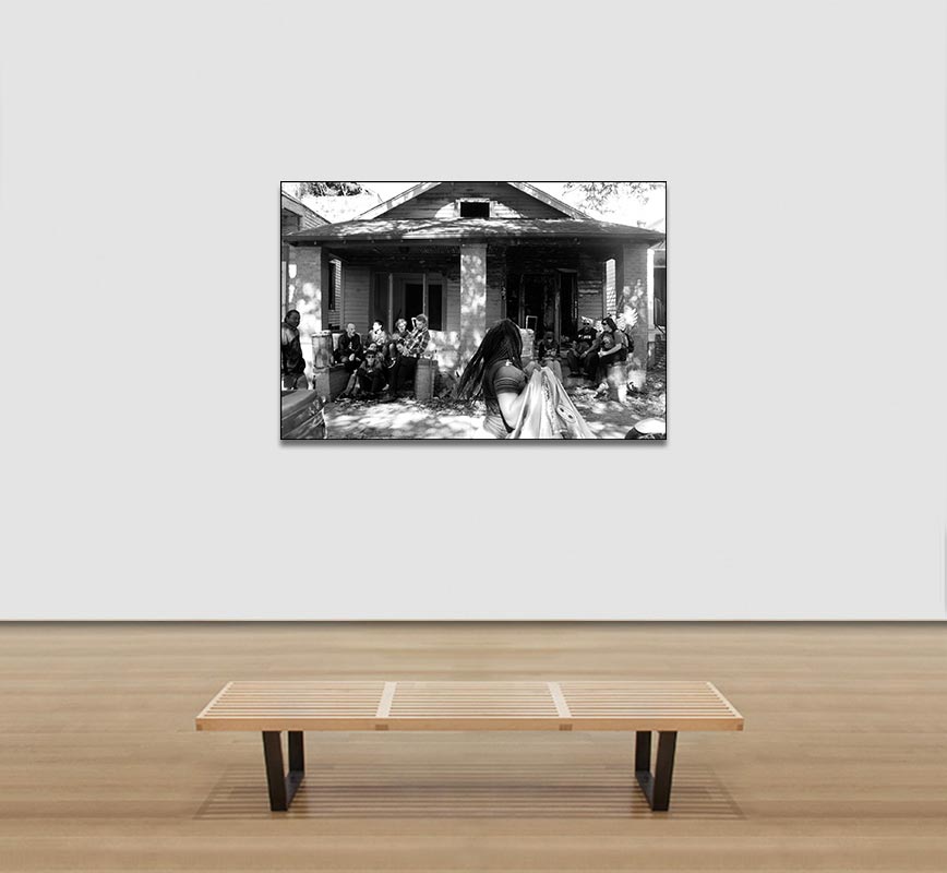 Detail of Black and white photograph of people sitting in their porch in New Orleans. Title: 2016 - New Orleans