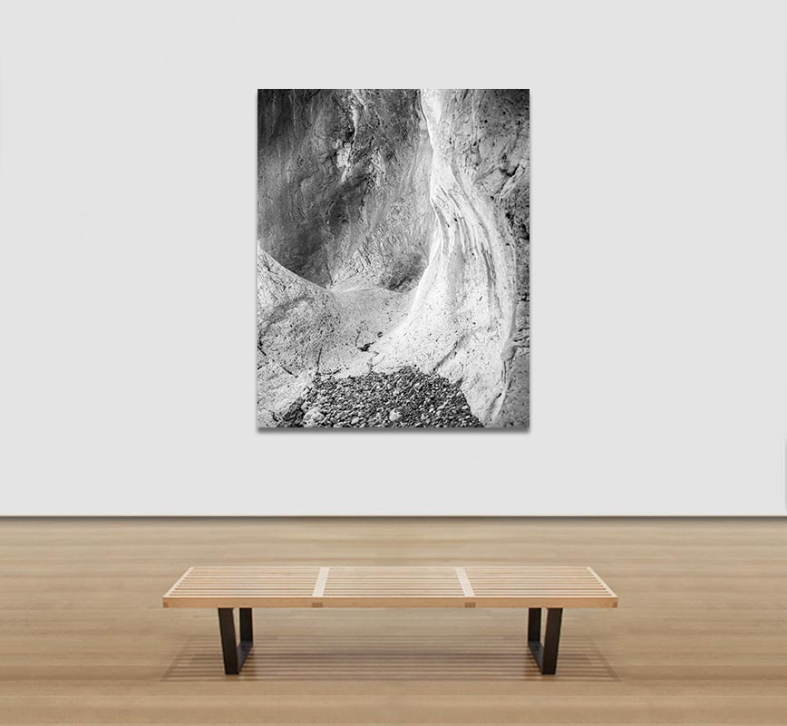 View in a Room of Black and white photograph of caves in the Greek island of Kithira inspired by the writings of the ancient Greek philosopher Heraclitus. Title: Homage to Heraclitus: Earth VIII