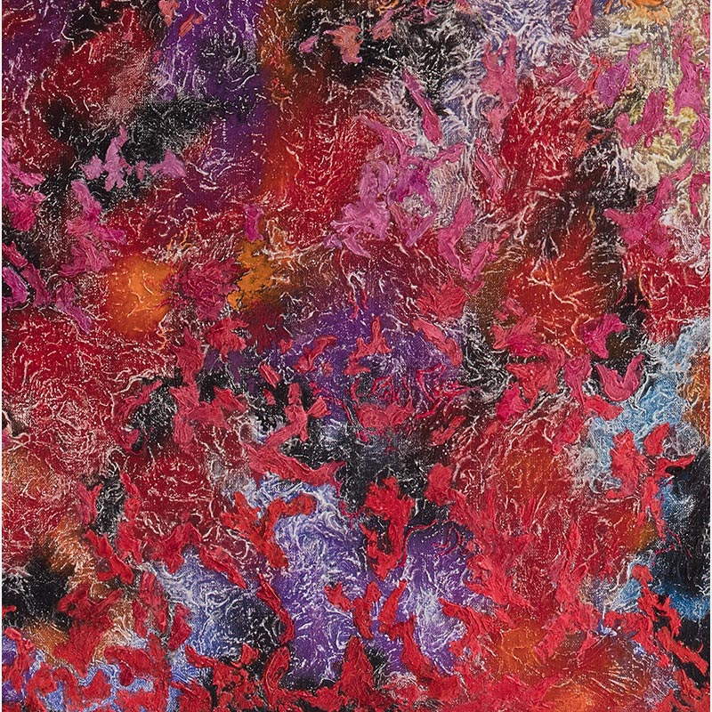 Detail of an abstract painting with reference to nature by Ruggero Vanni. Mainly red, black, and yellow colors. Title: Voluptatis Solis