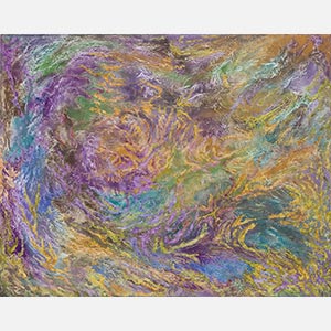 Abstract painting with reference to nature by Ruggero Vanni. Mainly purple, green, and yellow colors. Title: Certamen Coloris et Materiae. Link to painting's page with detailed images.