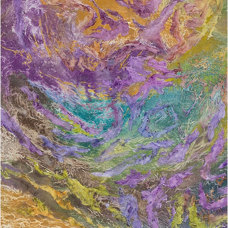 Detail of an abstract painting with reference to nature by Ruggero Vanni. Mainly purple, green, and yellow colors. Title: Certamen Coloris et Materiae
