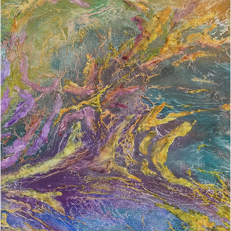 Detail of an abstract painting with reference to nature by Ruggero Vanni. Mainly purple, green, and yellow colors. Title: Certamen Coloris et Materiae