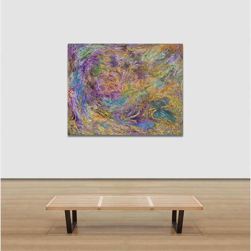 View in a room of an abstract painting with reference to nature by Ruggero Vanni. Mainly purple, green, and yellow colors. Title: Certamen Coloris et Materiae