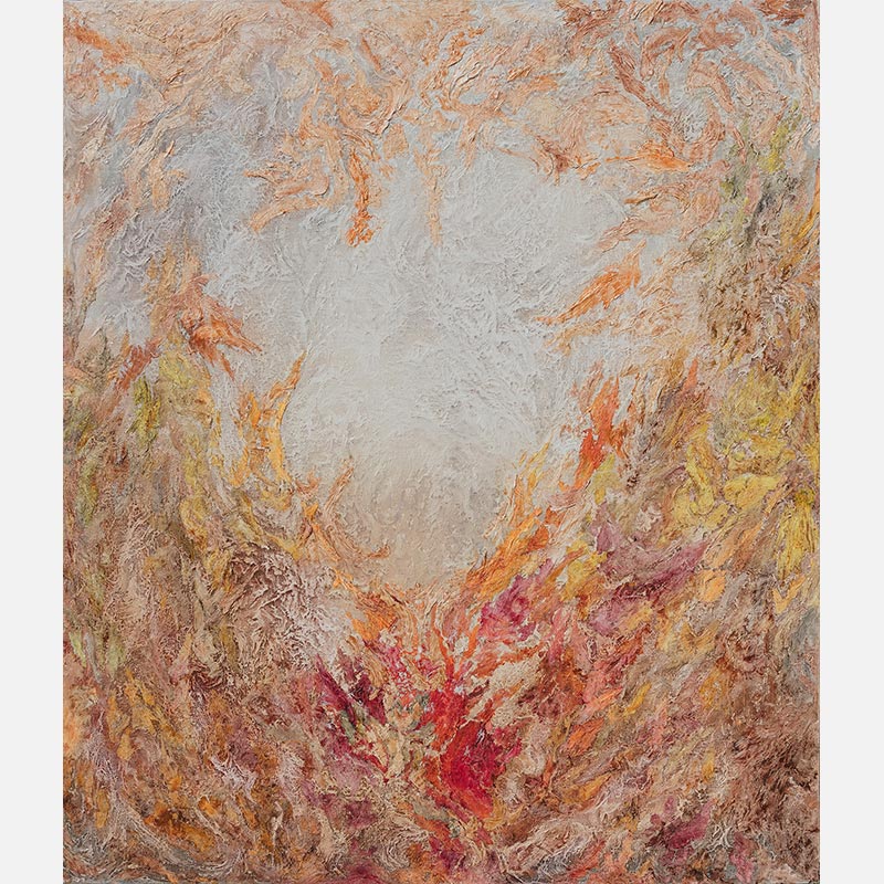 Abstract painting with reference to nature by Ruggero Vanni. Mainly beige and orange colors. Title: Ex Materia Ad Energia