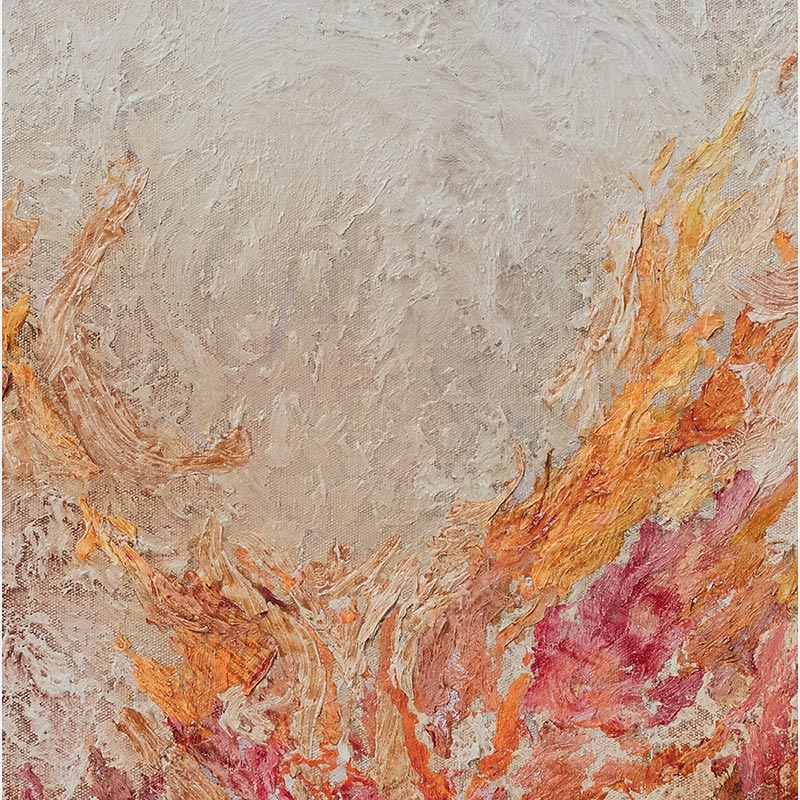 Detail of an abstract painting with reference to nature by Ruggero Vanni. Mainly beige and orange colors. Title: Ex Materia Ad Energia
