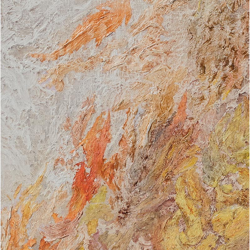 Detail of an abstract painting with reference to nature by Ruggero Vanni. Mainly beige and orange colors. Title: Ex Materia Ad Energia