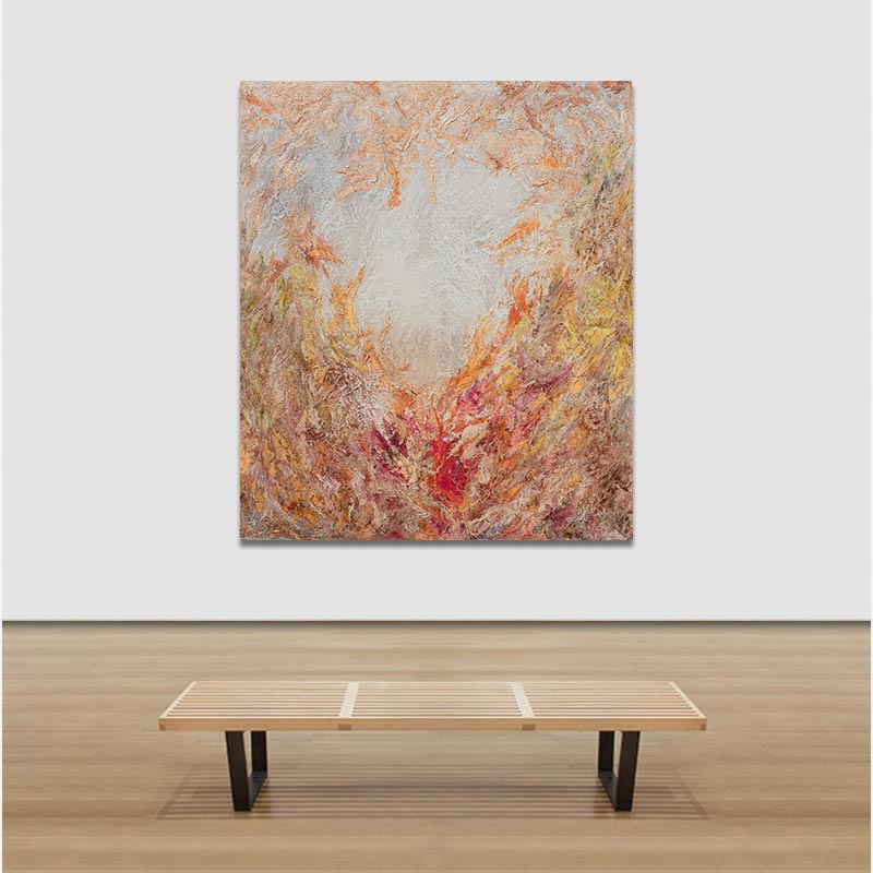 View in a room of an abstract painting with reference to nature by Ruggero Vanni. Mainly beige and orange colors. Title: Ex Materia Ad Energia