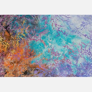 Abstract painting with reference to nature by Ruggero Vanni. Mainly turquoise, purple, and orange colors. Title: Proelium Colorum. Link to painting's page with detailed images.