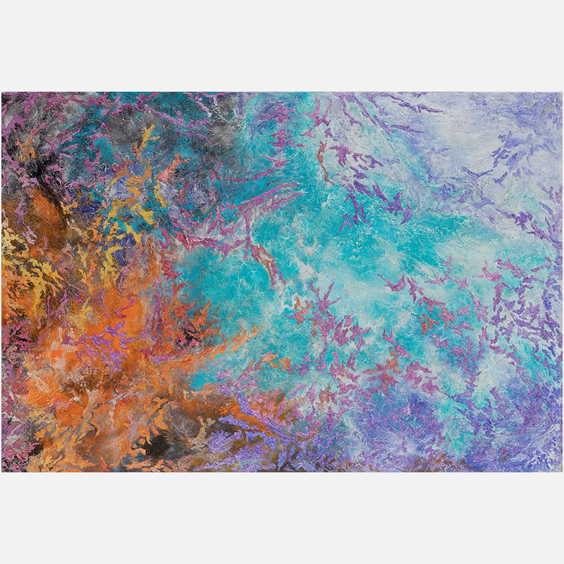 Abstract painting with reference to nature by Ruggero Vanni. Mainly turquoise, purple, and orange colors. Title: Proelium Colorum