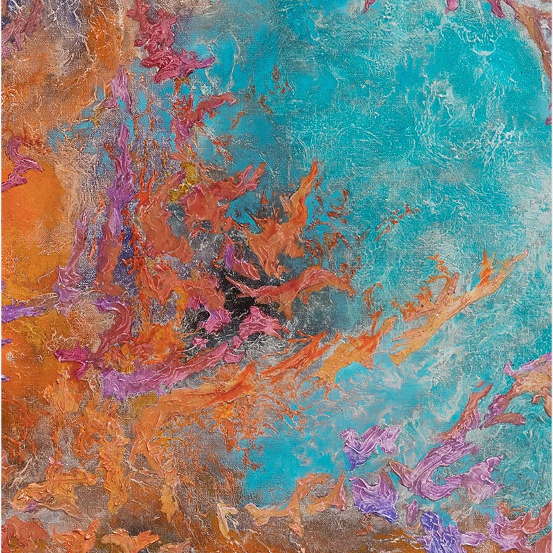 Detail of an abstract painting with reference to nature by Ruggero Vanni. Mainly turquoise, purple, and orange colors. Title: Proelium Colorum