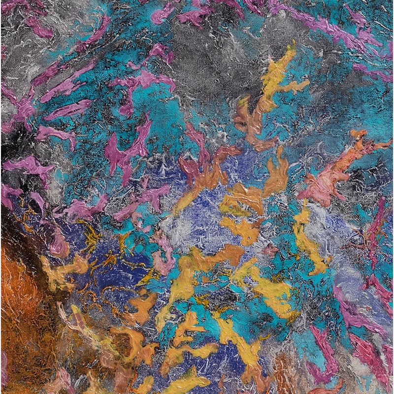 Detail of an abstract painting with reference to nature by Ruggero Vanni. Mainly turquoise, purple, and orange colors. Title: Proelium Colorum