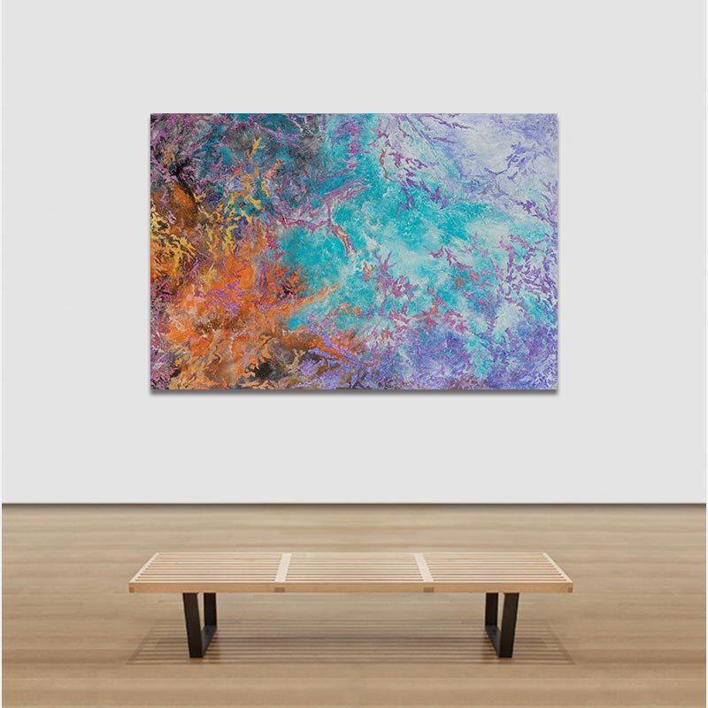 View in a room of an abstract painting with reference to nature by Ruggero Vanni. Mainly turquoise, purple, and orange colors. Title: Proelium Colorum