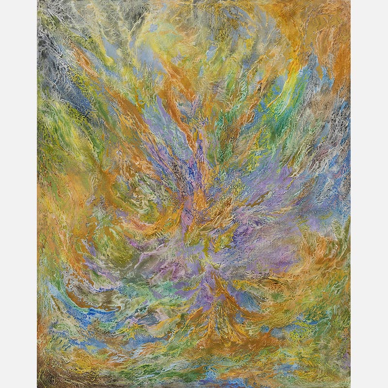 Abstract painting with reference to nature by Ruggero Vanni. Mainly green, purple, and yellow colors. Title: Hortis Haeram