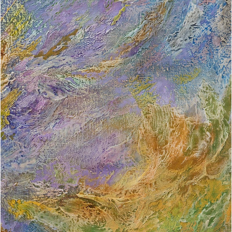 Detail of an abstract painting with reference to nature by Ruggero Vanni. Mainly green, purple, and yellow colors. Title: Hortis Haeram