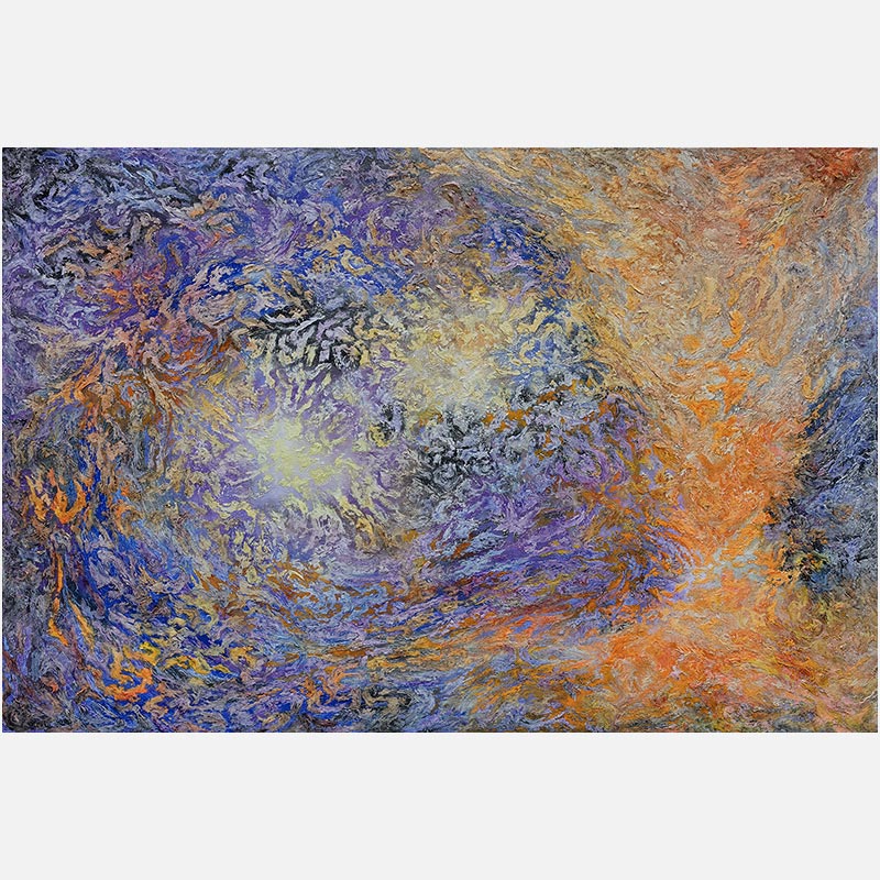 Abstract painting with reference to nature by Ruggero Vanni. Mainly blue, purple, and orange colors. Title: Conflictus