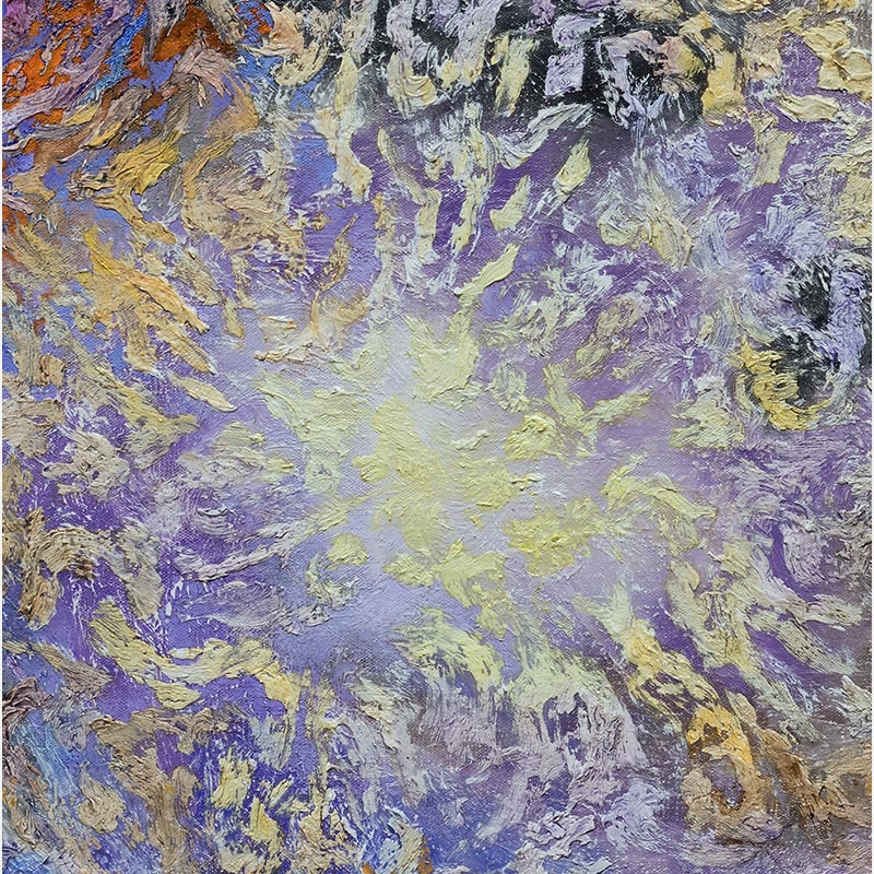 Detail of an abstract painting with reference to nature by Ruggero Vanni. Mainly blue, purple, and orange colors. Title: Conflictus