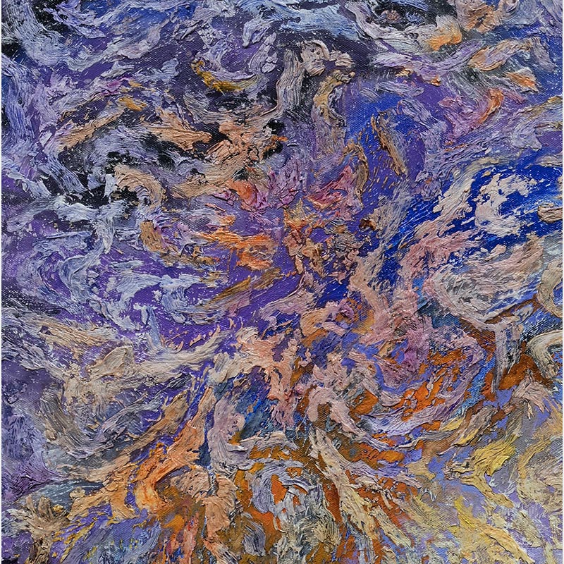 Detail of an abstract painting with reference to nature by Ruggero Vanni. Mainly blue, purple, and orange colors. Title: Conflictus