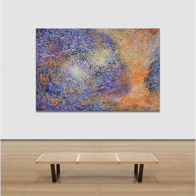 View in a room of an abstract painting with reference to nature by Ruggero Vanni. Mainly blue, purple, and orange colors. Title: Conflictus