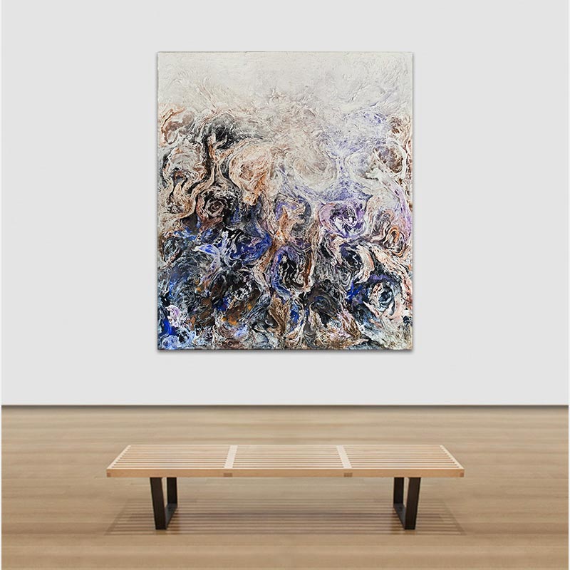 View in a room of an abstract tridimensional painting with reference to nature by Ruggero Vanni. Mainly white and blue colors. Title: Tempestatis