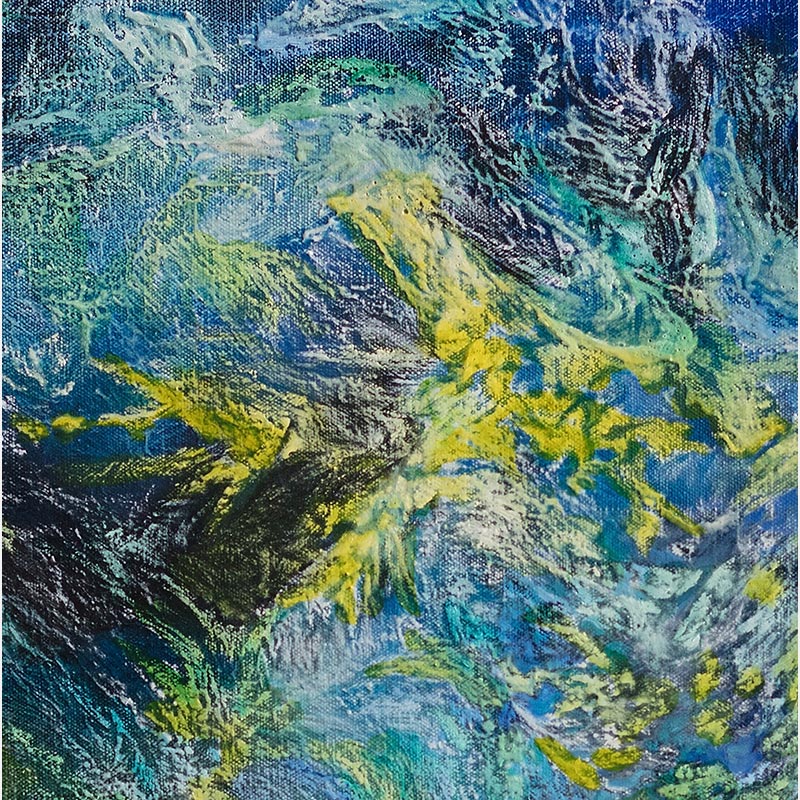 Detail of an abstract painting with reference to nature by Ruggero Vanni. Mainly blue, purple, and yellow colors. Title: Glacies Flammae