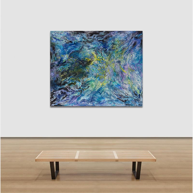 View in a room of an abstract painting with reference to nature by Ruggero Vanni. Mainly blue, purple, and yellow colors. Title: Glacies Flammae