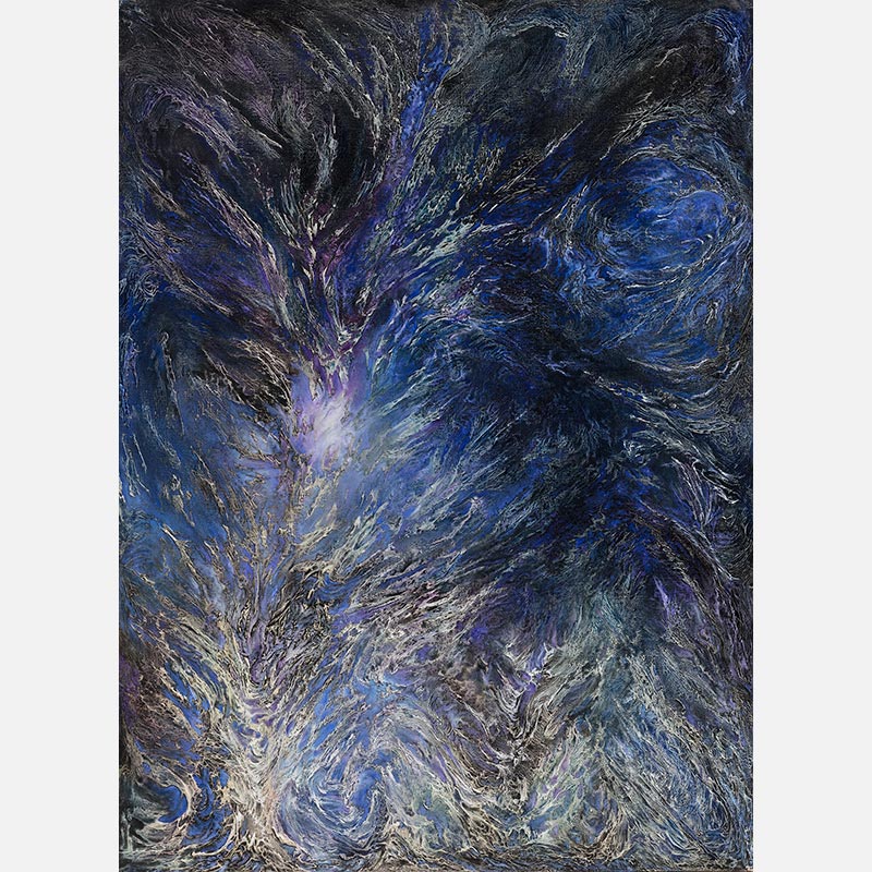 Abstract painting with reference to nature by Ruggero Vanni. Mainly blue and purple colors. Title: Glacies Flammae Noctis
