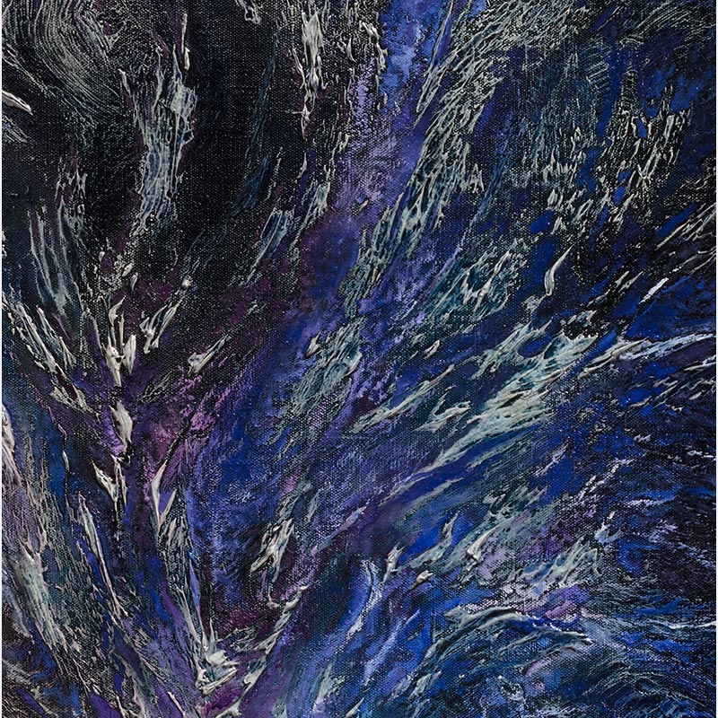 Detail of an abstract painting with reference to nature by Ruggero Vanni. Mainly blue and purple colors. Title: Glacies Flammae Noctis
