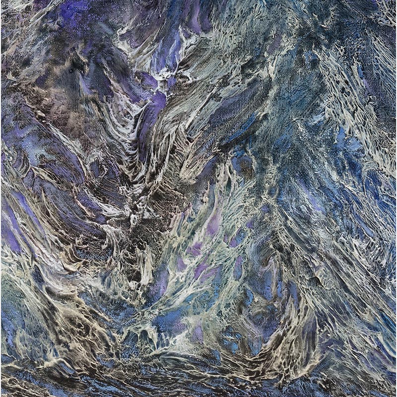 Detail of an abstract painting with reference to nature by Ruggero Vanni. Mainly blue and purple colors. Title: Glacies Flammae Noctis