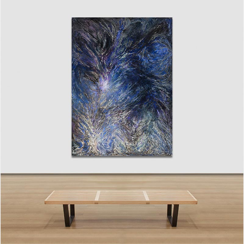 View in a room of an abstract painting with reference to nature by Ruggero Vanni. Mainly blue and purple colors. Title: Glacies Flammae Noctis