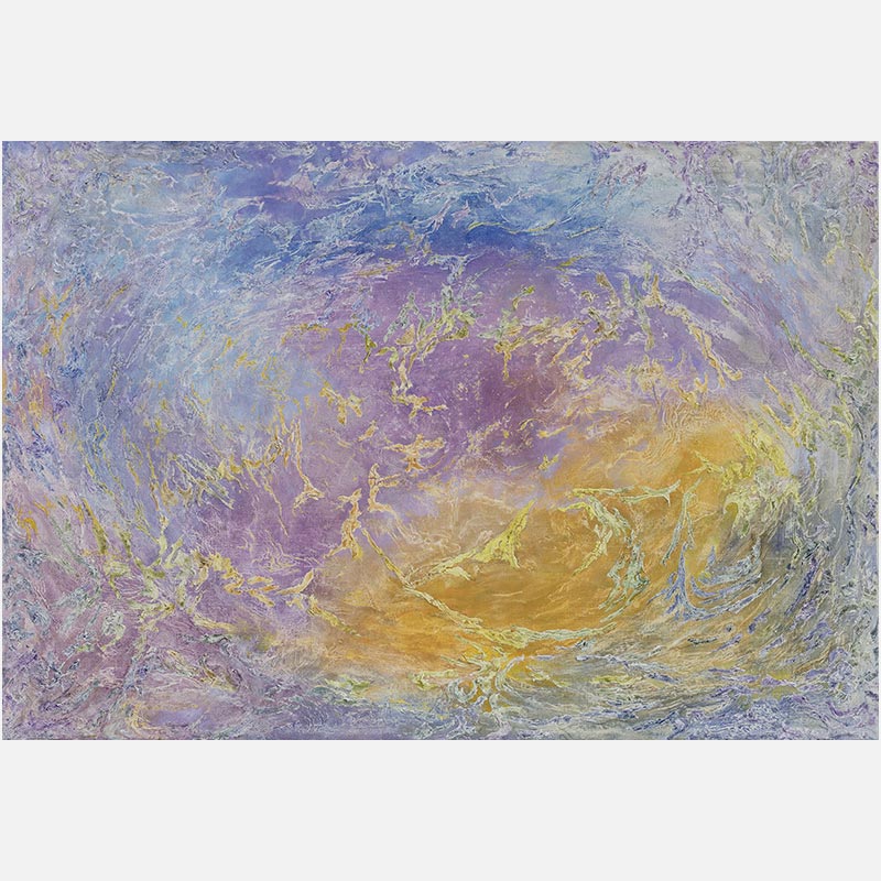 Abstract painting with reference to nature by Ruggero Vanni. Mainly purple and yellow colors. Title: Natantes