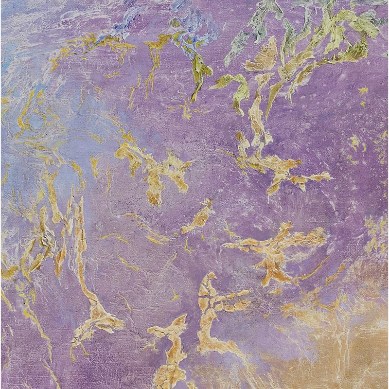 Detail of an abstract painting with reference to nature by Ruggero Vanni. Mainly purple and yellow colors. Title: Natantes