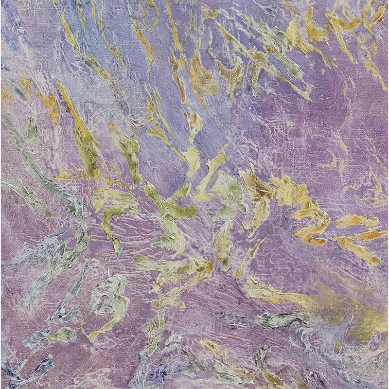 Detail of an abstract painting with reference to nature by Ruggero Vanni. Mainly purple and yellow colors. Title: Natantes