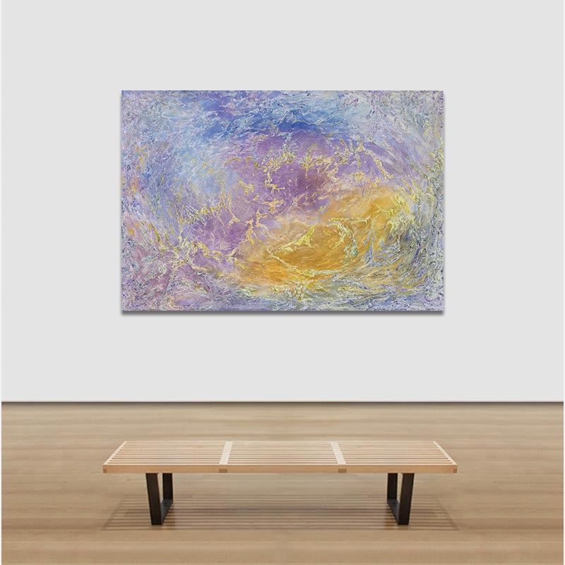 View in a room of an abstract painting with reference to nature by Ruggero Vanni. Mainly purple and yellow colors. Title: Natantes
