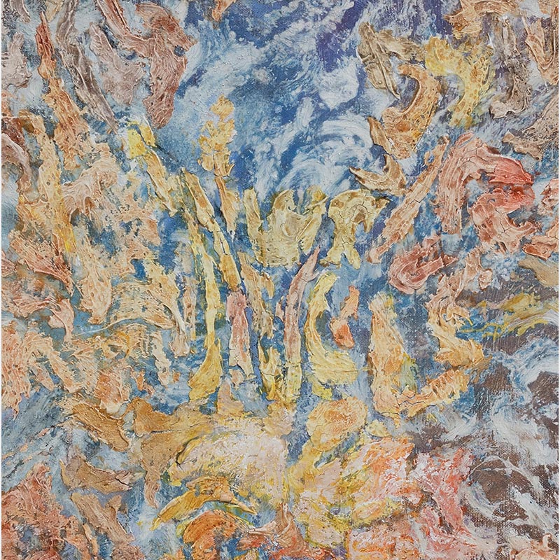 Detail of an abstract painting with reference to nature by Ruggero Vanni. Mainly beige and orange colors. Title: Quaerere Stabilitatis