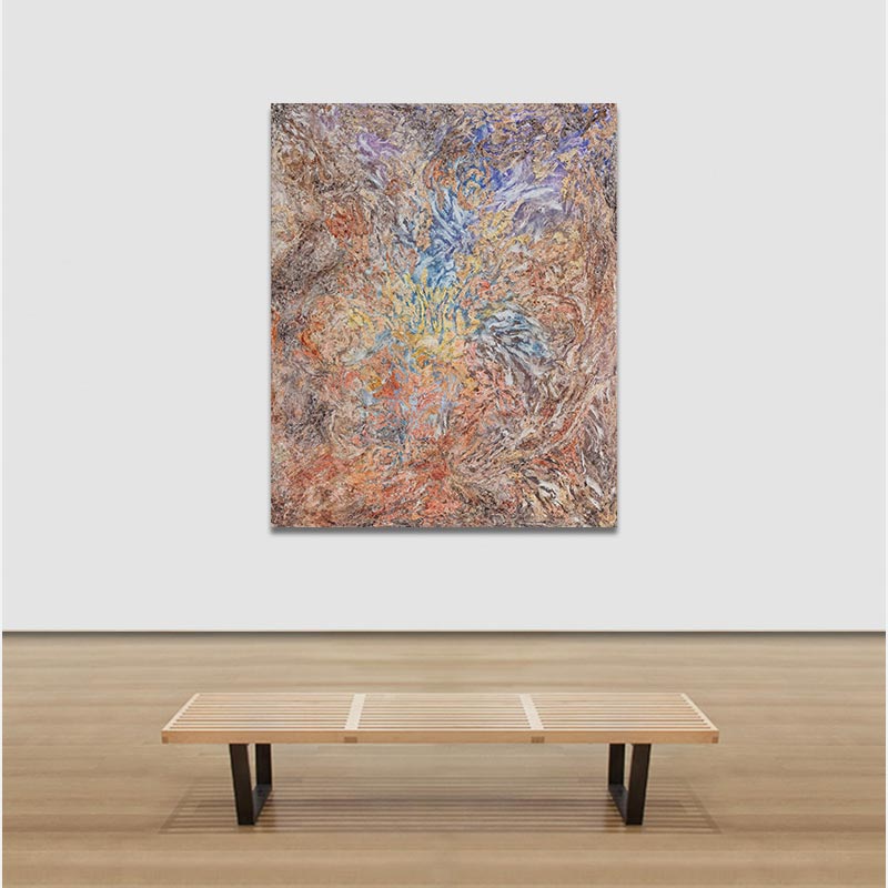 View in a room of an abstract painting with reference to nature by Ruggero Vanni. Mainly beige and orange colors. Title: Quaerere Stabilitatis