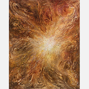 Abstract painting with reference to nature by Ruggero Vanni. Mainly brown colors. Title: Lucis Ortus. Link to painting's page with detailed images.