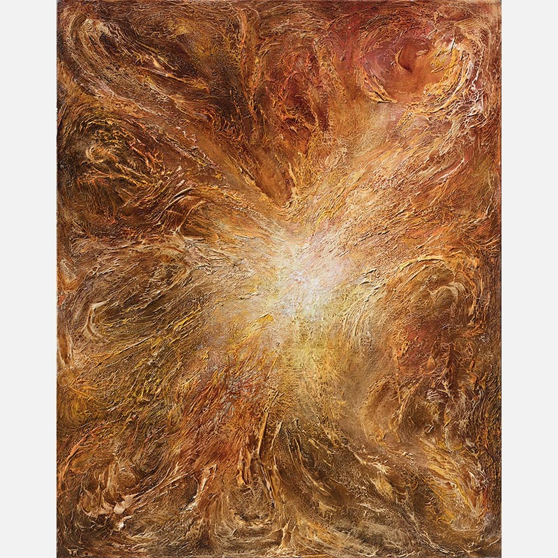 Abstract painting with reference to nature by Ruggero Vanni. Mainly brown colors. Title: Lucis Ortus