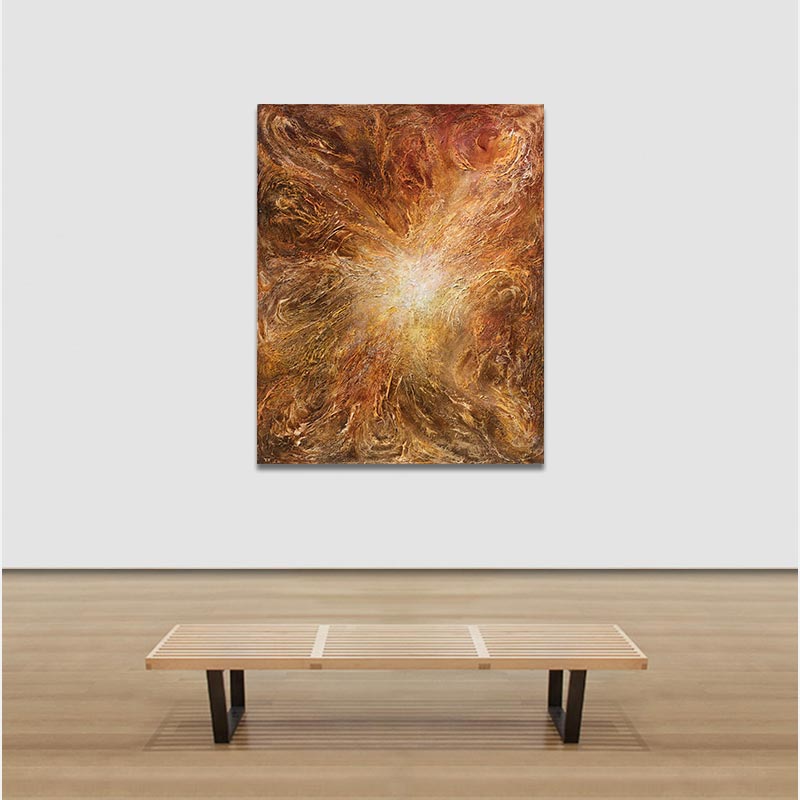 View in a room of an abstract painting with reference to nature by Ruggero Vanni. Mainly brown colors. Title: Lucis Ortus