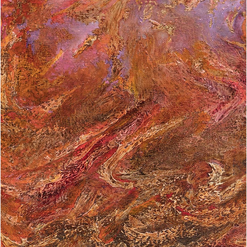 Detail of an abstract painting with reference to nature by Ruggero Vanni. Mainly red and purple colors. Title: Ferventes Horti