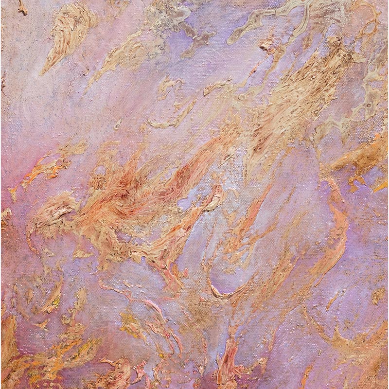 Detail of an abstract painting with reference to nature by Ruggero Vanni. Mainly red and purple colors. Title: Ferventes Horti