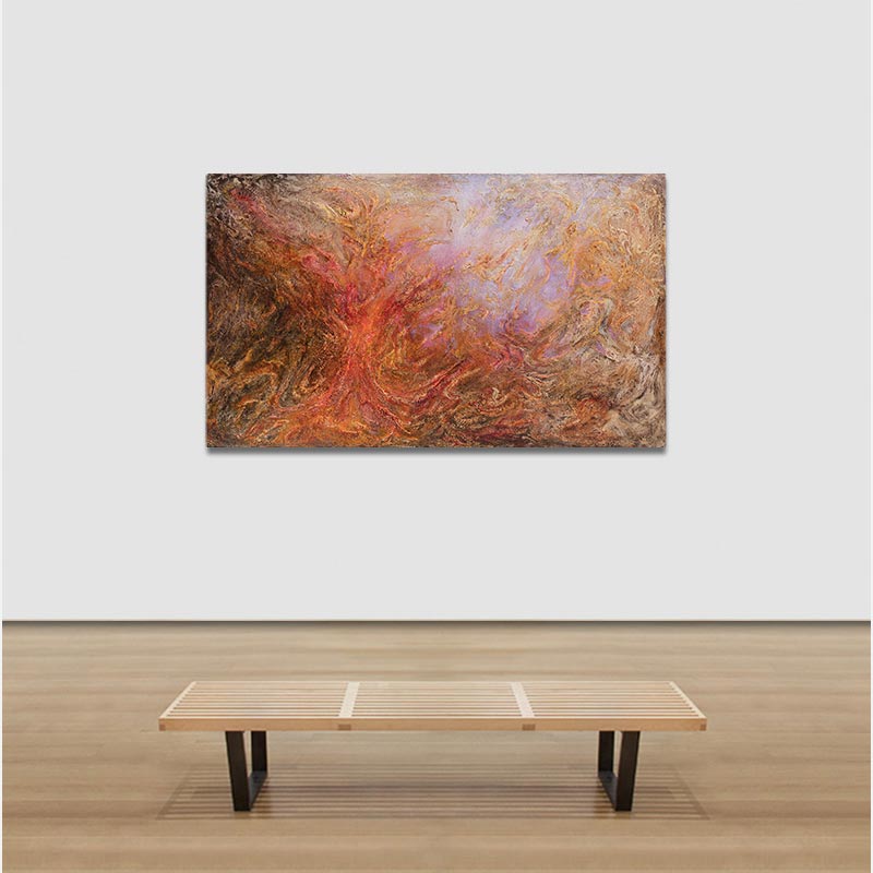 View in a room of an abstract painting with reference to nature by Ruggero Vanni. Mainly red and purple colors. Title: Ferventes Horti