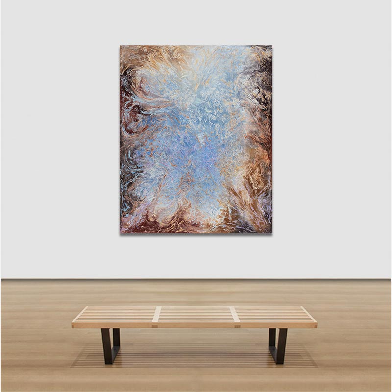 View in a room of an abstract painting with reference to nature by Ruggero Vanni. Mainly beige and blue colors. Title: In Lucem