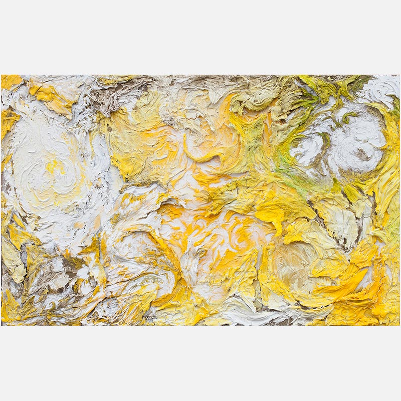 Abstract tridimensional painting with reference to nature by Ruggero Vanni. Mainly yellow colors. Title: Horti Solis