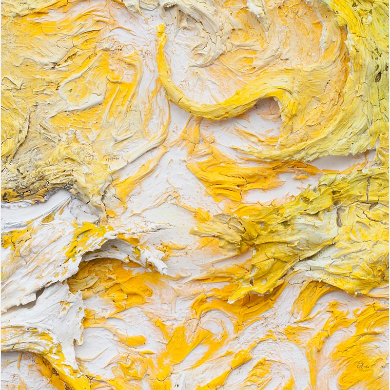 Detail of an abstract tridimensional painting with reference to nature by Ruggero Vanni. Mainly yellow colors. Title: Horti Solis