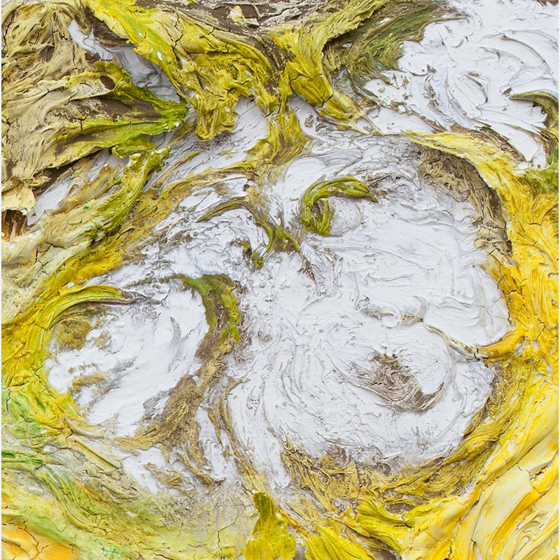 Detail of an abstract tridimensional painting with reference to nature by Ruggero Vanni. Mainly yellow colors. Title: Horti Solis